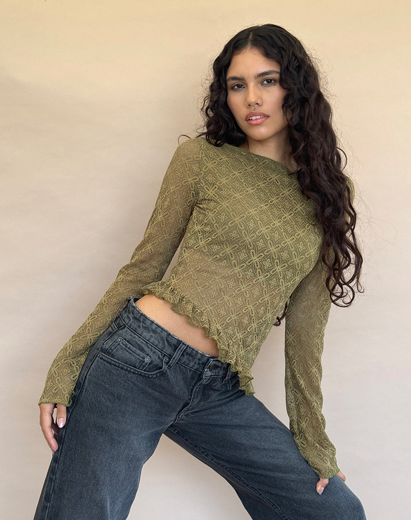Afbeelding van Allegra Lange Mouw Top in Textured Moss Green Kant
