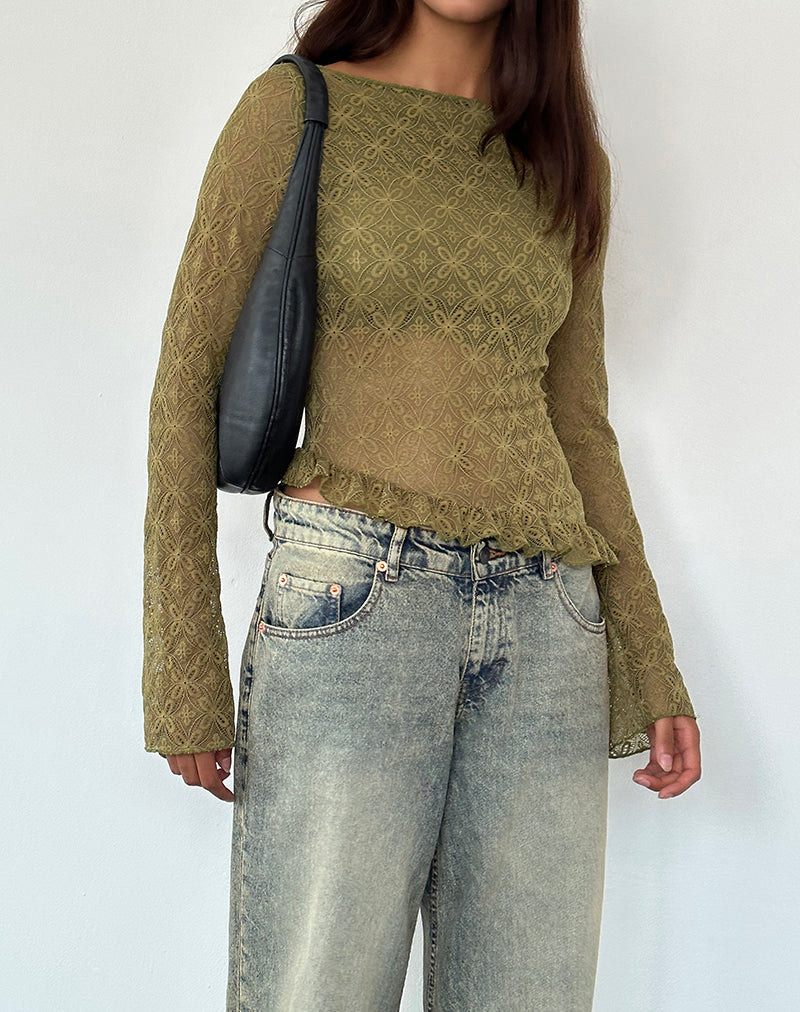 Afbeelding van Allegra Lange Mouw Top in Textured Moss Green Kant