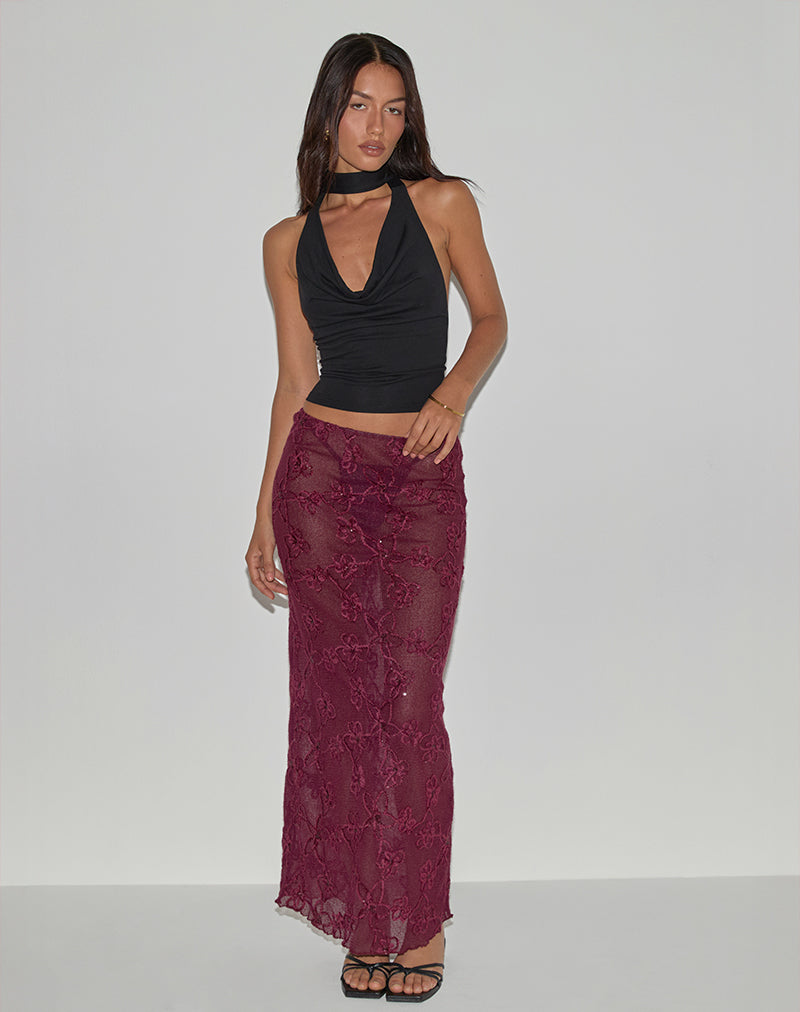 Alphia Maxi rok in gebreid bordeauxrood met lovertjes