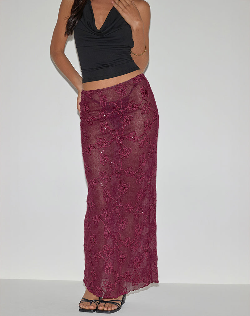 Alphia Maxi rok in gebreid bordeauxrood met lovertjes