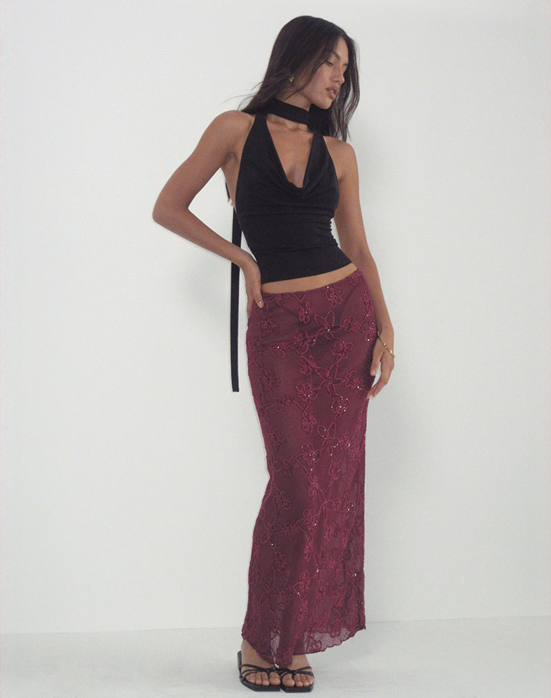Afbeelding van Alphia Maxi Rok in Gebreid Paillettenpatroon Bourgondië