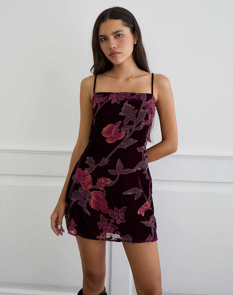 Alvana Mini Dress in Floral Devore Bourgondië