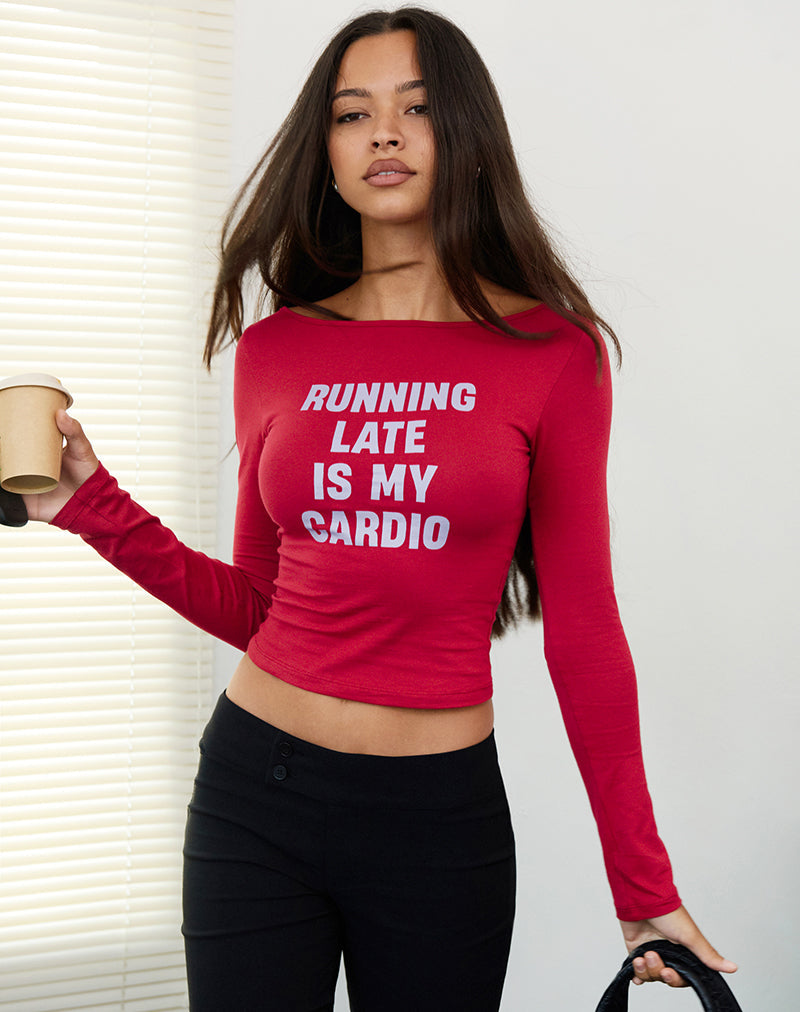 Amabon Lange Mouw Top in Adrenaline Rood met Running Late Slogan
