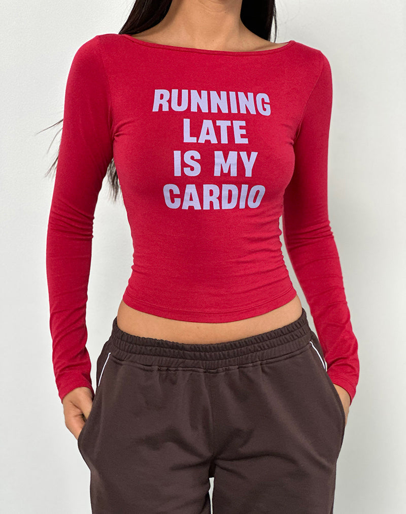 Amabon Lange Mouw Top in Adrenaline Rood met Running Late Slogan