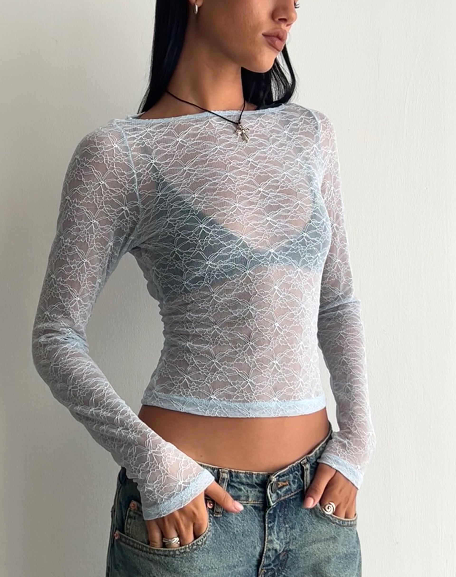 Afbeelding van Amabon Lange Mouw Top in Kant Baby Blauw
