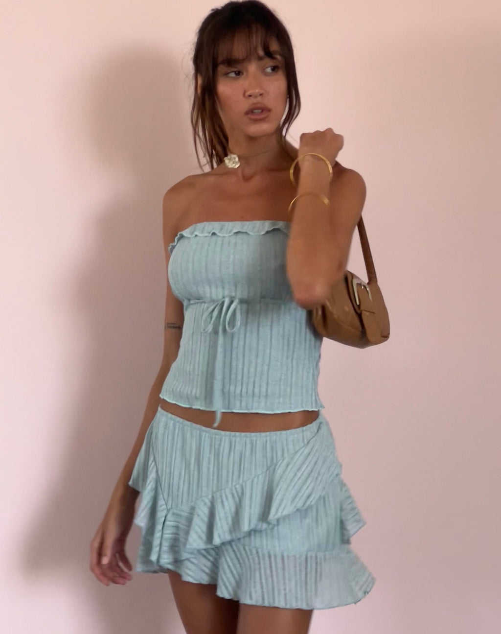 Anis minirok met ruche en zoom in poederblauw