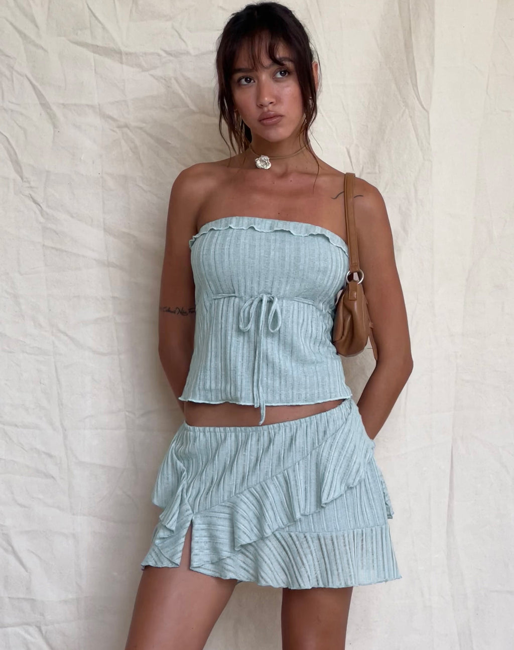 Ameera Bandeau Top met Ruches in Poederblauw