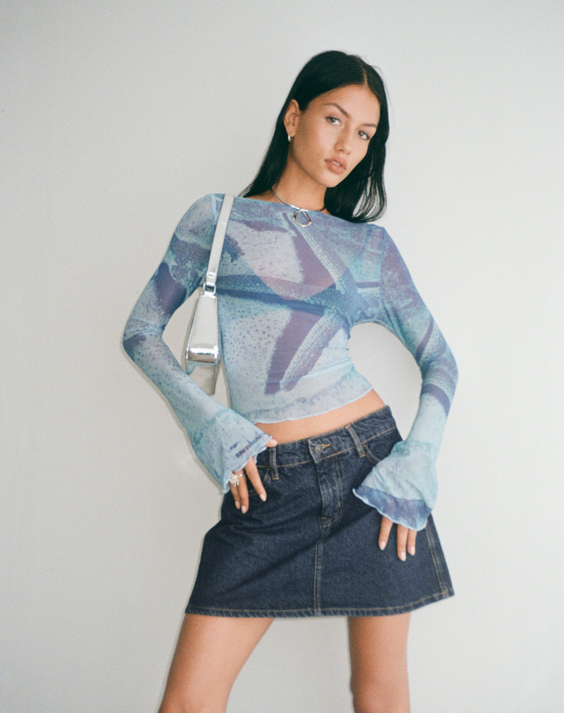 Afbeelding van Anchi Mesh Lange Mouw Top in Blauw Zeesterren Fotoprint
