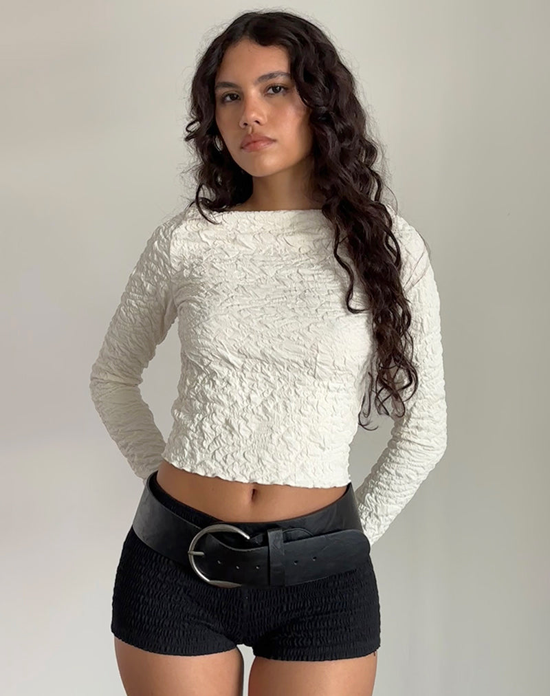Angela Textured Lange Mouw Top in Jersey Crème