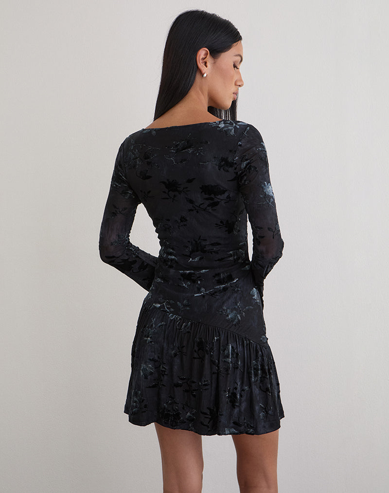 Afbeelding van Anyeli Mini Dress in Leaf Velvet Donkerblauw