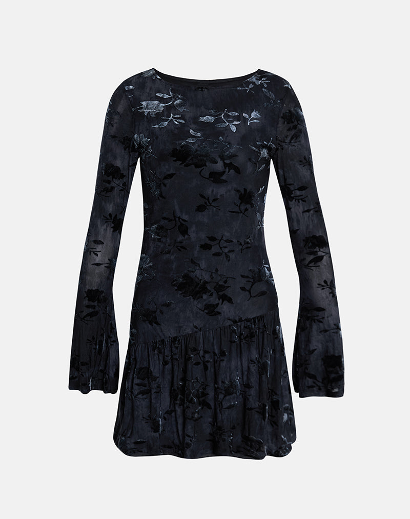 Afbeelding van Anyeli Mini Dress in Leaf Velvet Donkerblauw