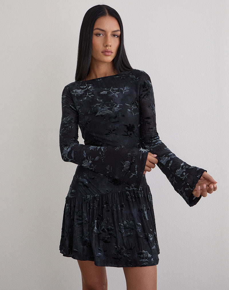 Afbeelding van Anyeli Mini Dress in Leaf Velvet Donkerblauw