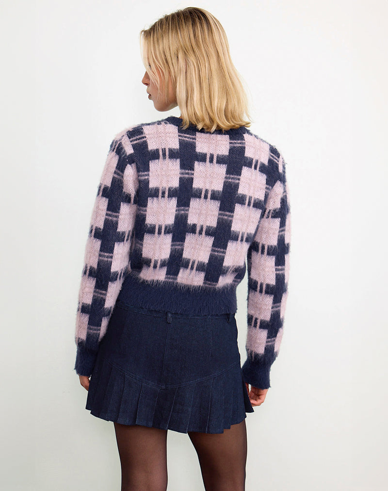 Afbeelding van Anzio Button Up Cardi In Multi Check Navy en Roze