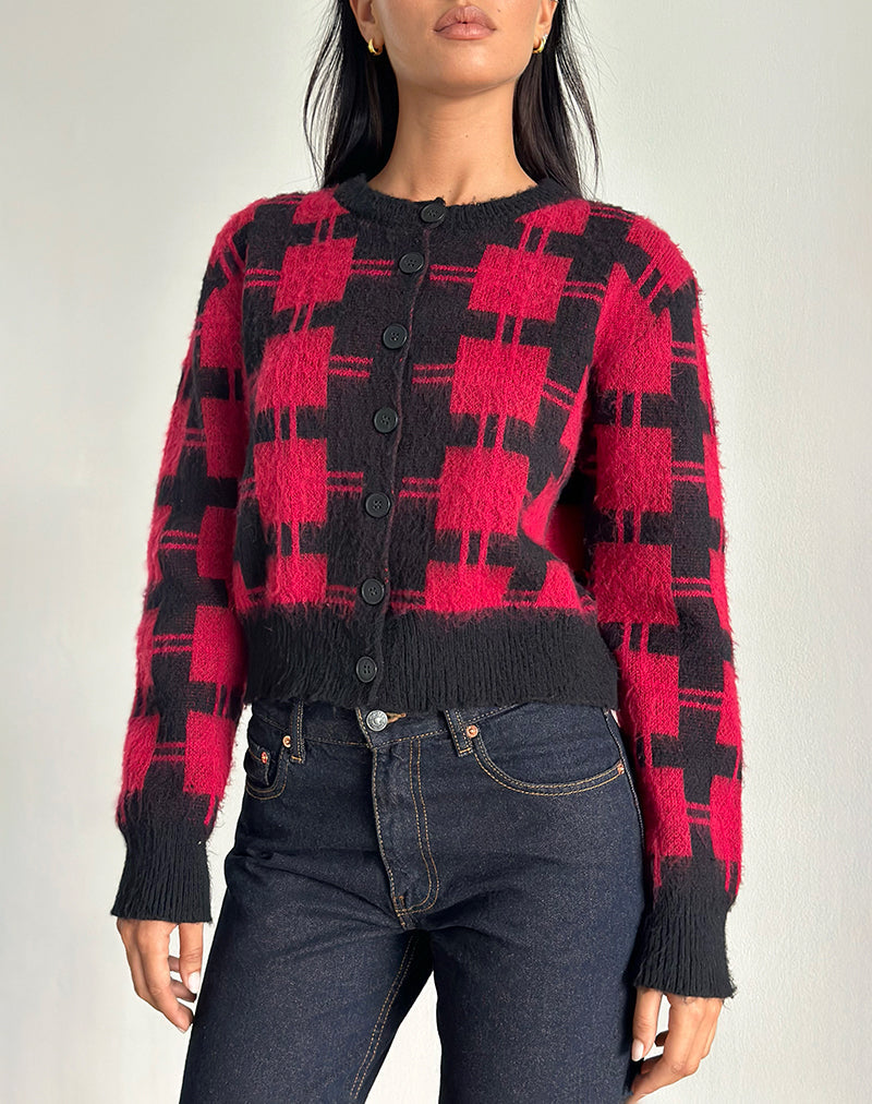 Anzio gebreid vest in zwart en rood ruitpatroon