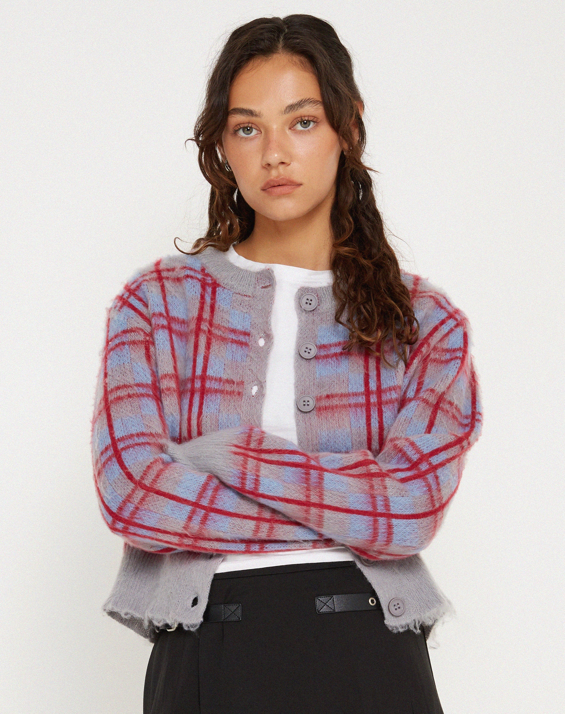 Afbeelding van Anzio Button Up Cardi in Multi Check Grijsblauw en Rood