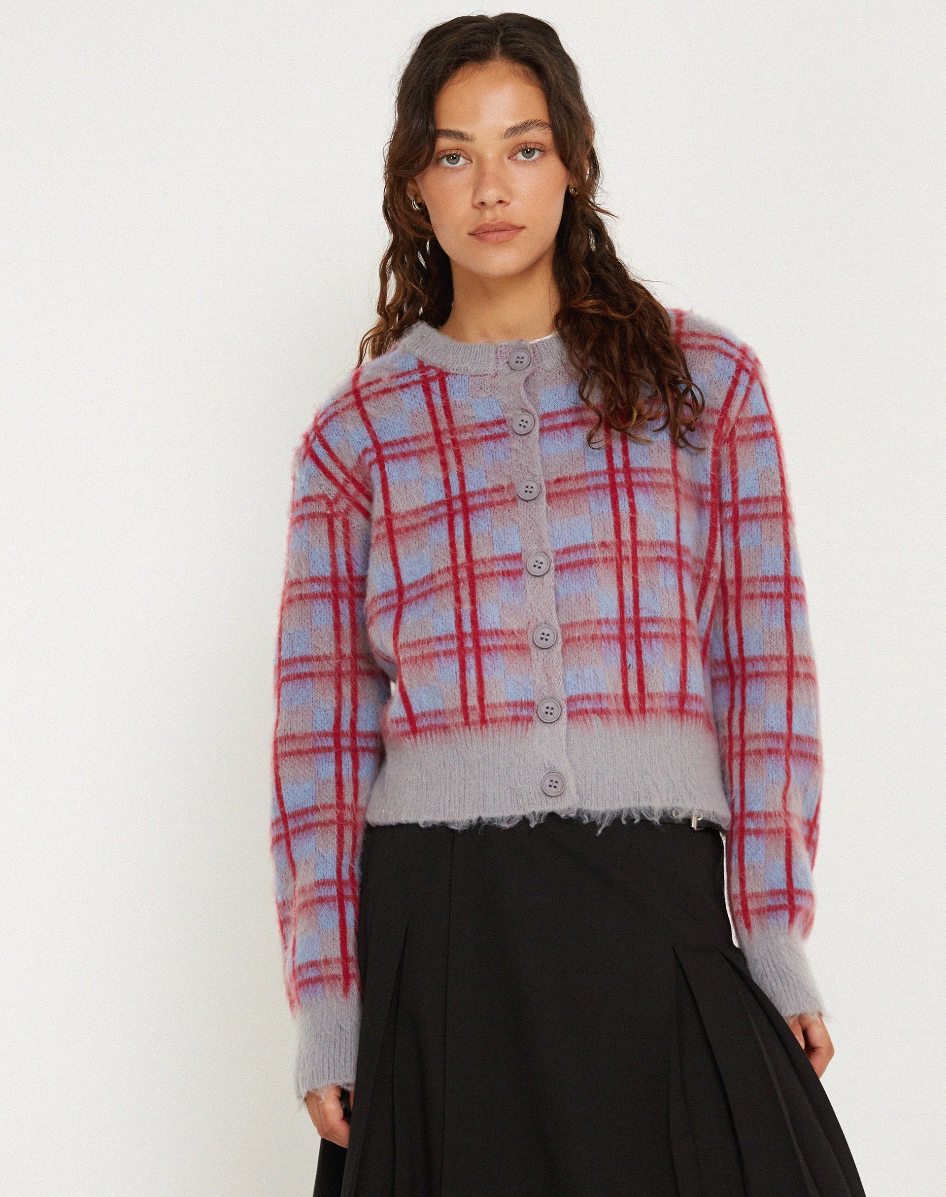 Afbeelding van Anzio Button Up Cardi in Multi Check Grijsblauw en Rood