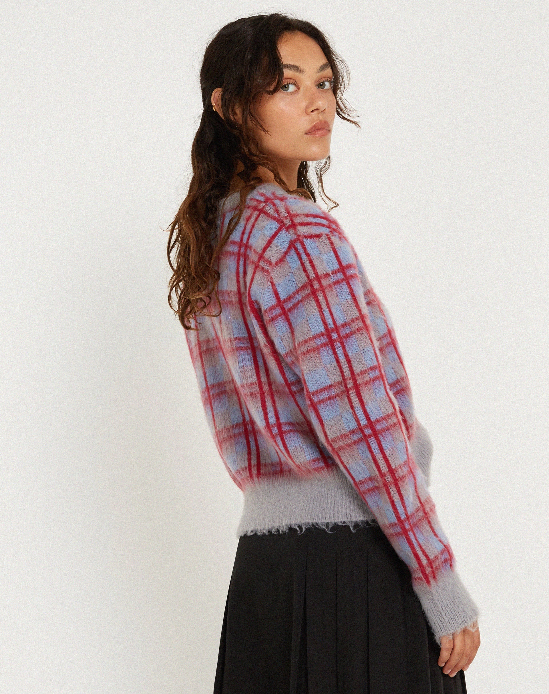 Afbeelding van Anzio Button Up Cardi in Multi Check Grijsblauw en Rood