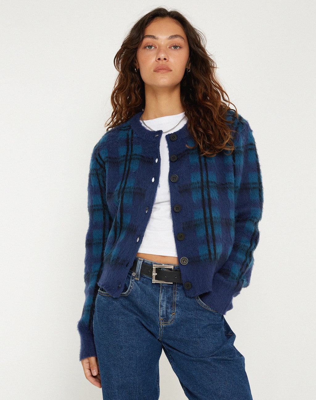 Anzio Button Up Vest in Multi Check Navy Blauw