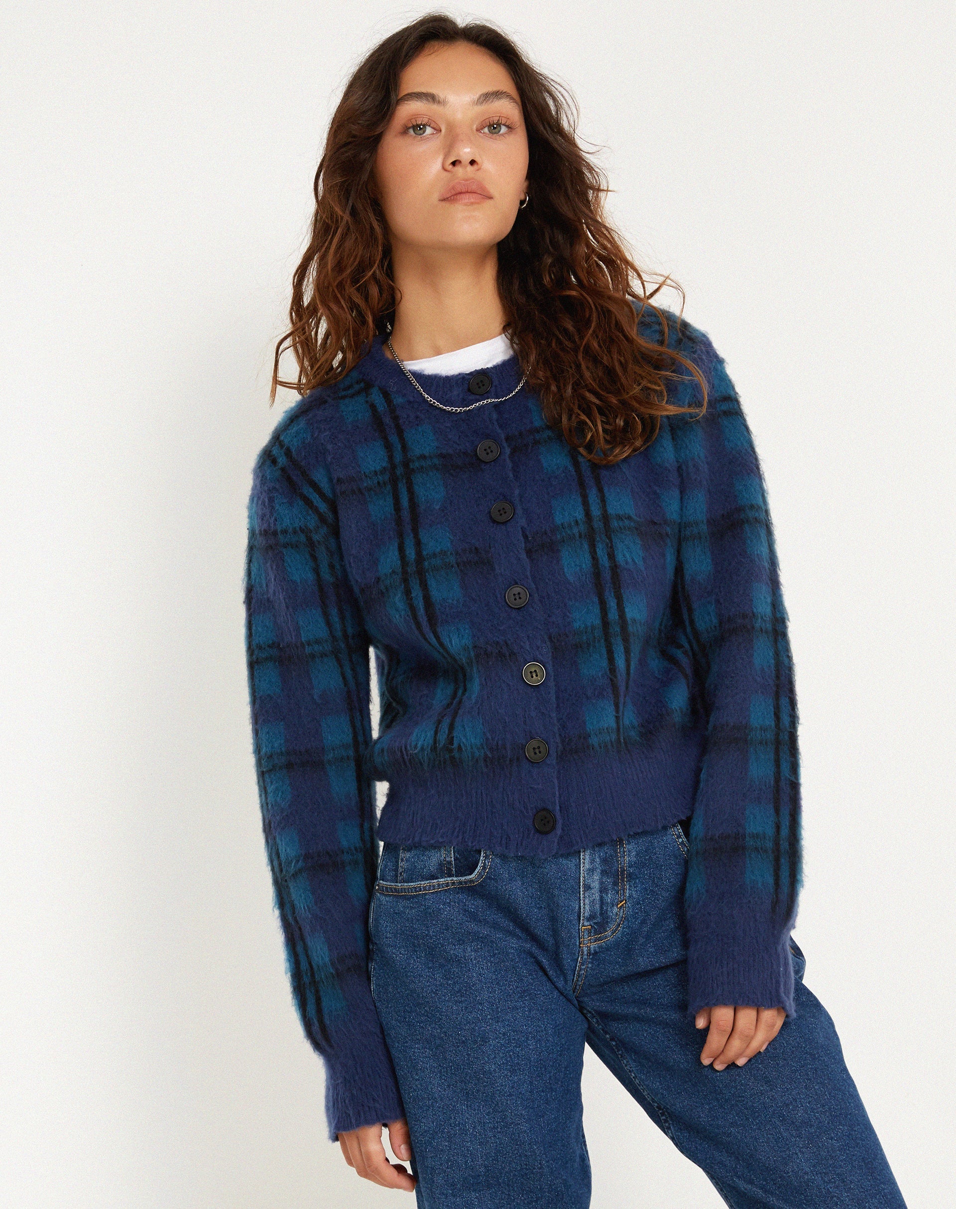 Afbeelding van Anzio Button Up Cardi in geruit marineblauw