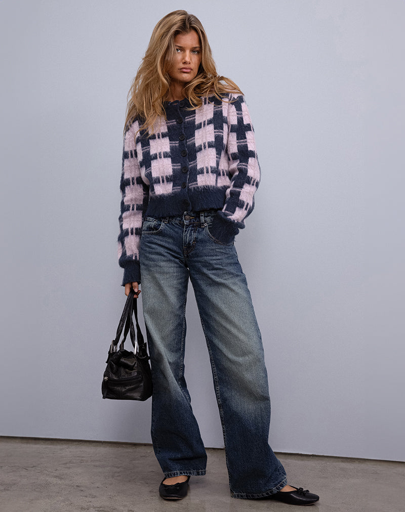Anzio Button Up Vest In Multi Ruit Navy en Roze