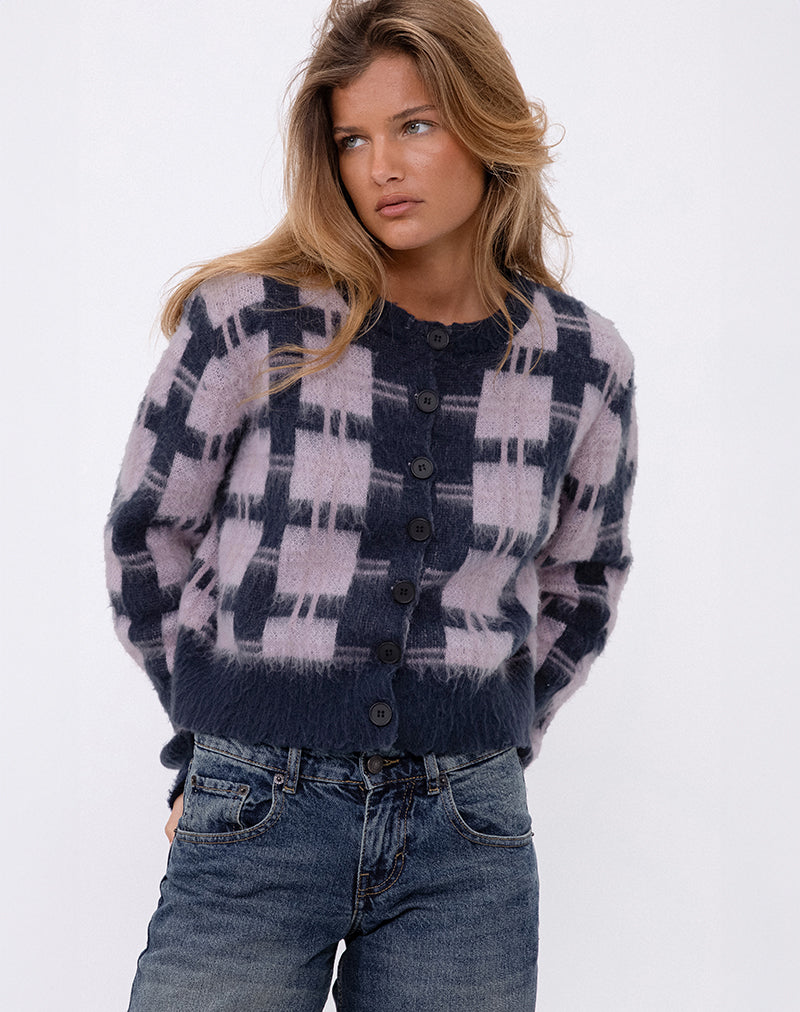 Anzio Button Up Vest In Multi Ruit Navy en Roze