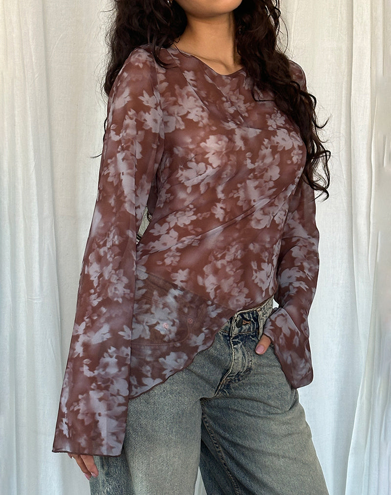 Afbeelding van Arcelia Mesh Top met lange mouwen in Botanical Shadow Bruin