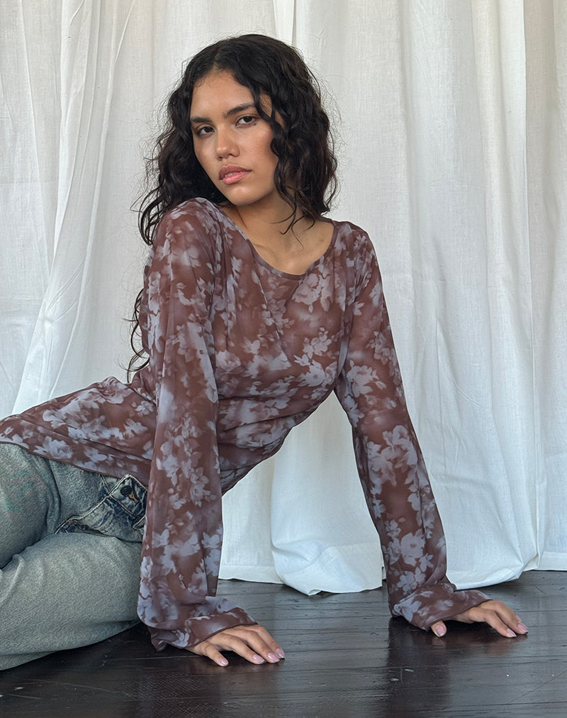 Arcelia Mesh Top met lange mouwen in Botanical Shadow Brown