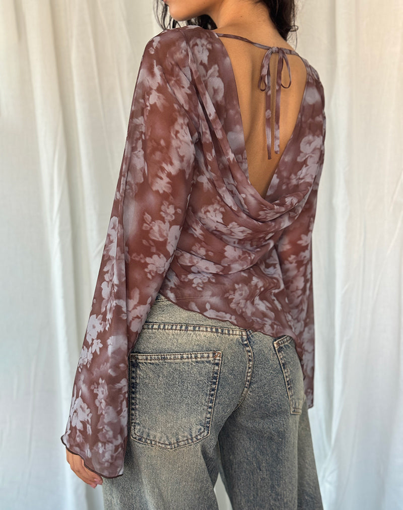 Arcelia Mesh Top met lange mouwen in Botanical Shadow Brown