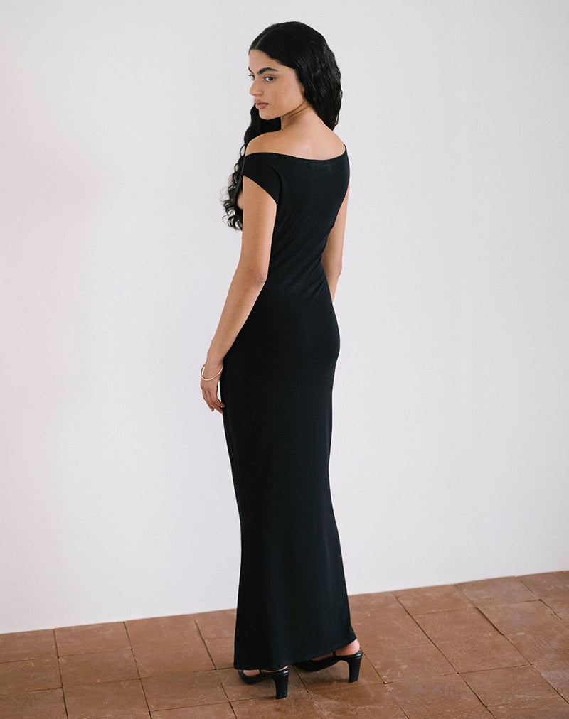 Afbeelding van Ardita Asymmetrische Ribgebreide Maxi Dress in Zwart