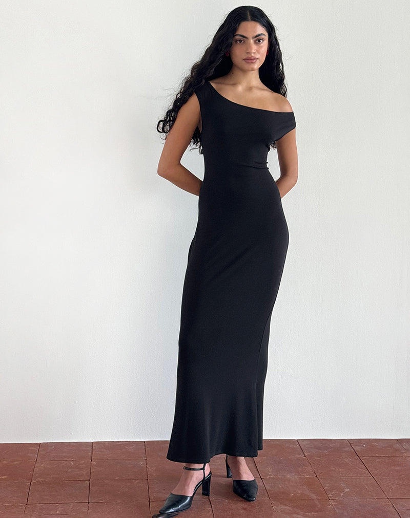 Afbeelding van Ardita Asymmetrische Ribgebreide Maxi Dress in Zwart