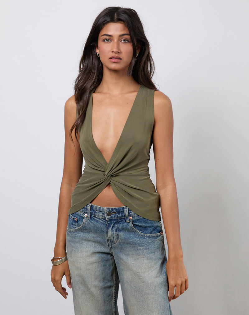 Afbeelding van Arlys Twist Detail Top in Cupro Khaki