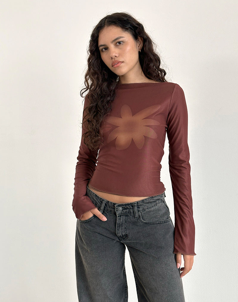 Armali Lange Mouw Top in Mesh Tonale Bloem Bruin