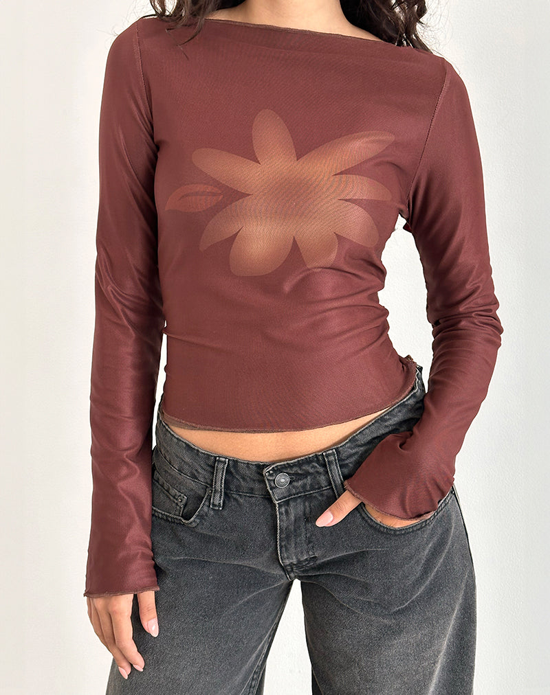 Armali Lange Mouw Top in Mesh Tonale Bloem Bruin