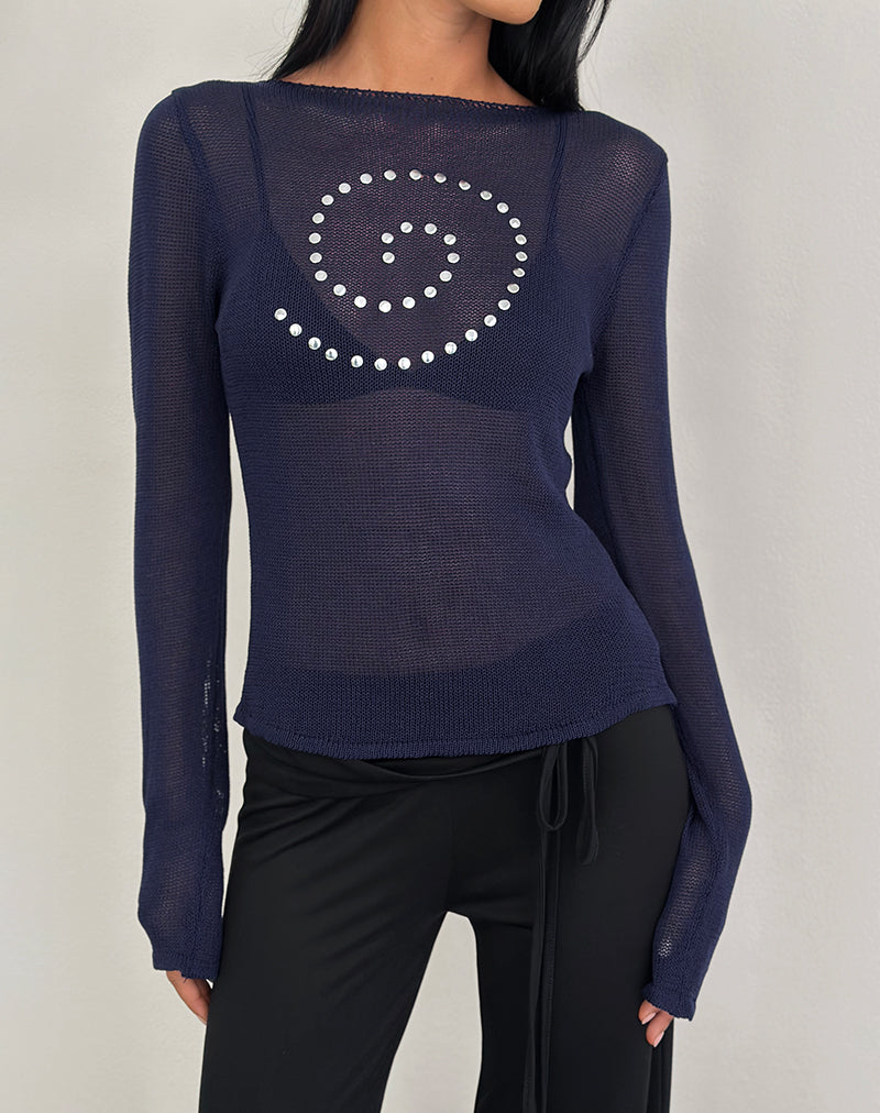 Afbeelding van Armali Lange Mouw Top in Stud Sheer Knit Navy