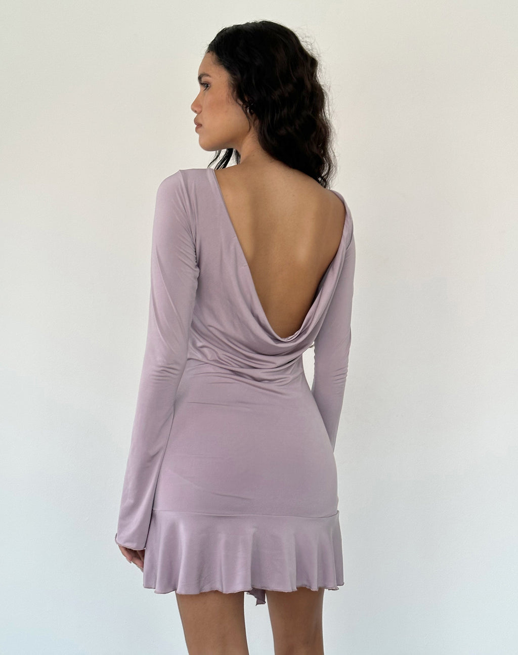 Arwen Rugloze Mini Jurk met Ruches in Slinky Mauve