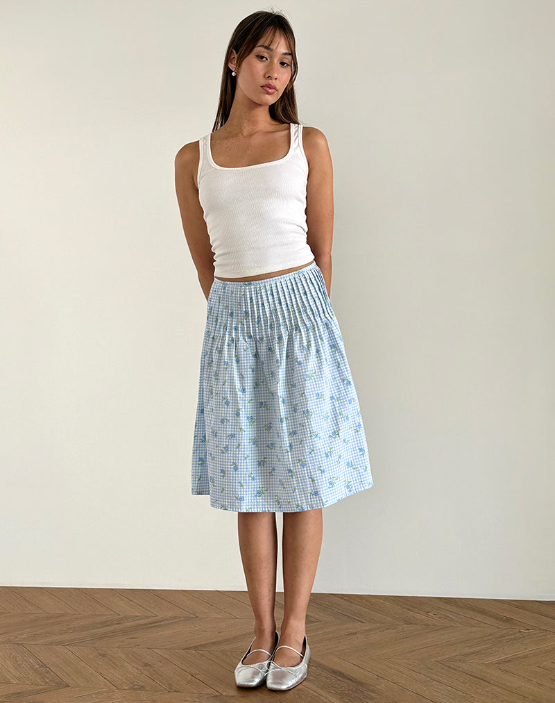 Asada Midi rok in blauw geruit bloemmotief