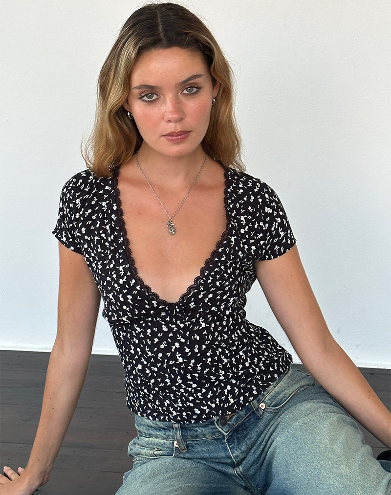 Asani Top in Zwart Ditsy Romance