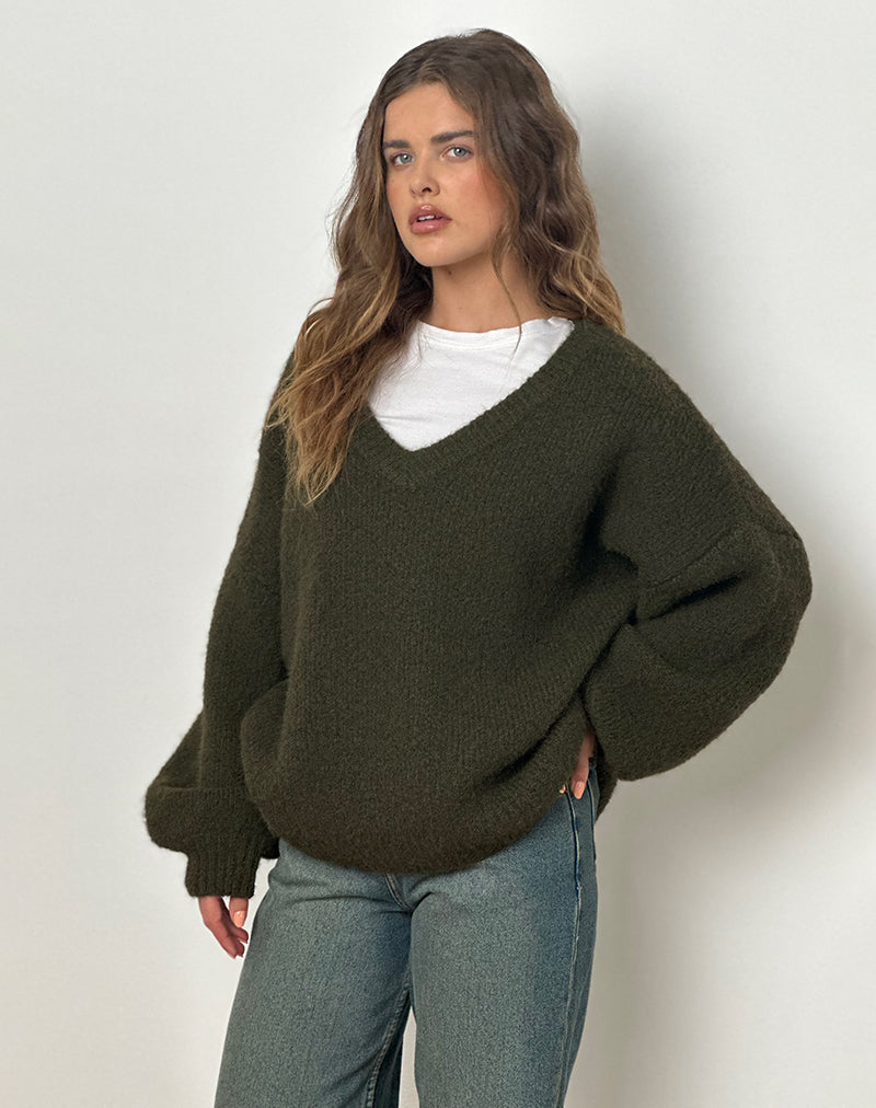 Asato Grove V Hals Trui in Geborsteld Khaki
