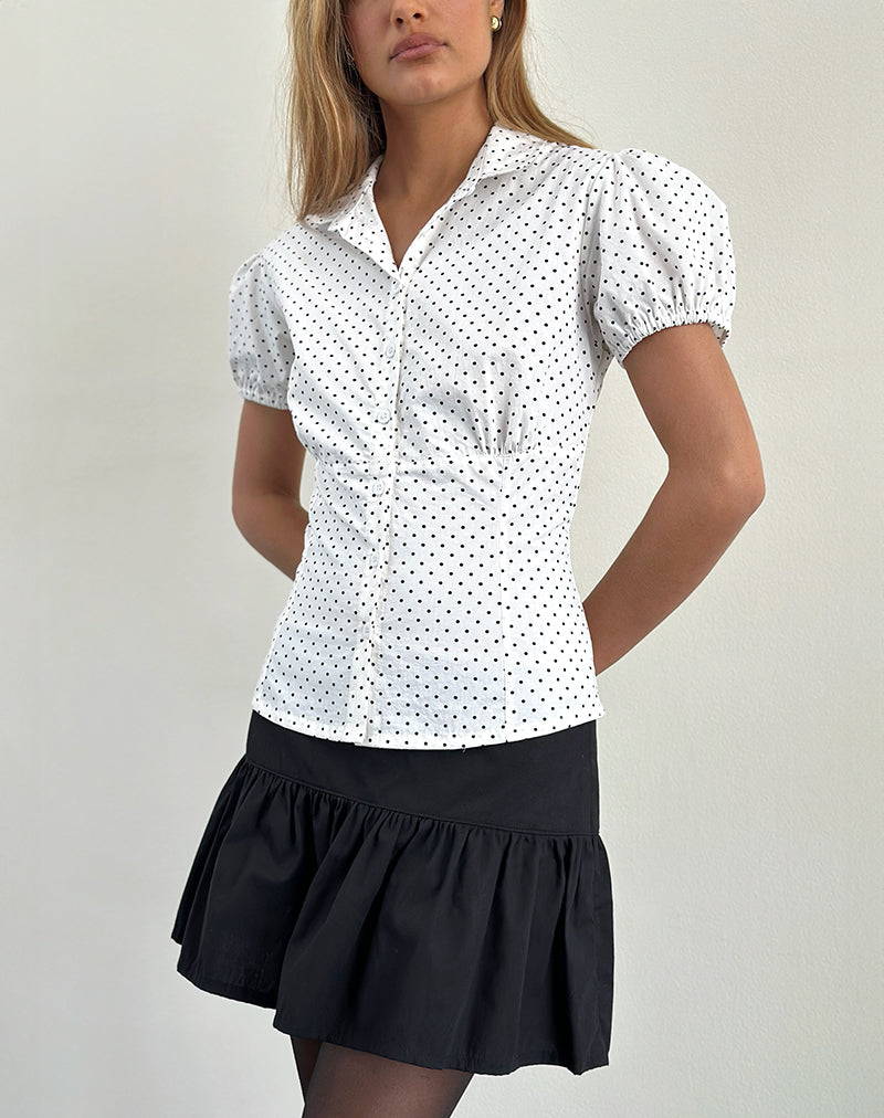 Afbeelding van Aspen Pofmouw Blouse in Micro Polka Wit en Zwart