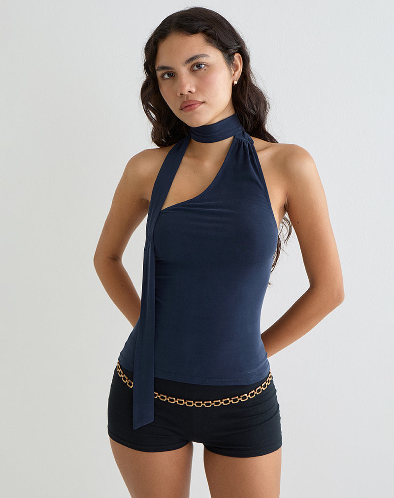Afbeelding van Aspyn Hoge Hals Stropdas Top in Cupro Navy