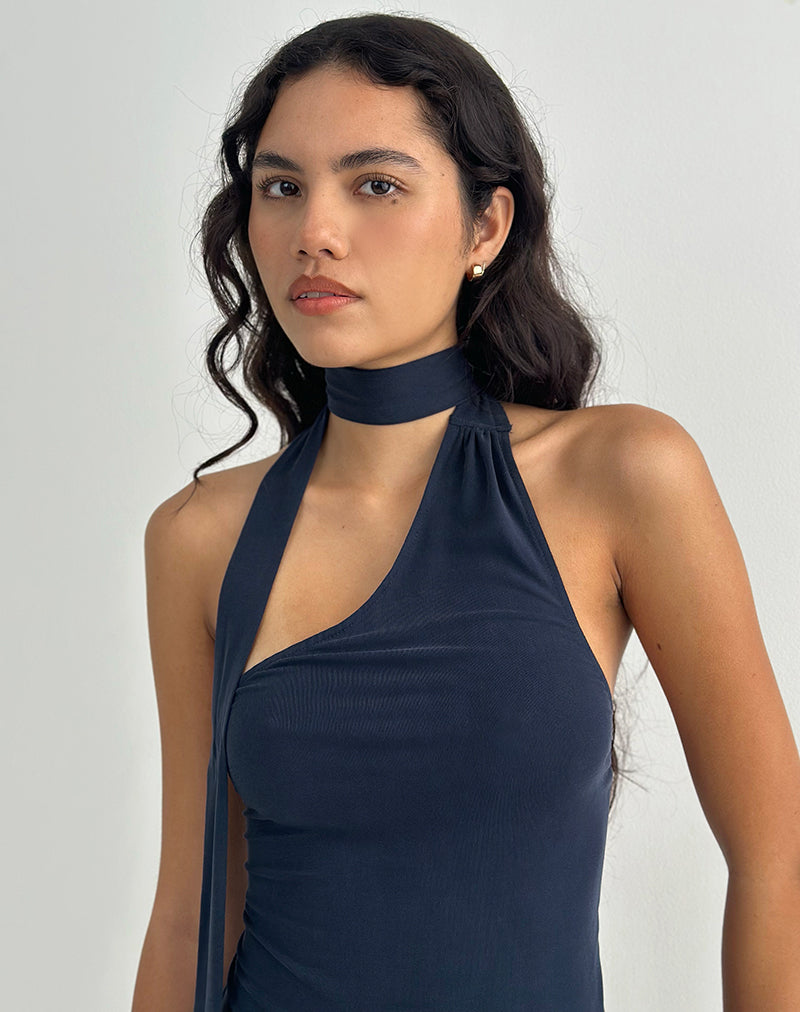 Afbeelding van Aspyn Hoge Hals Stropdas Top in Cupro Navy