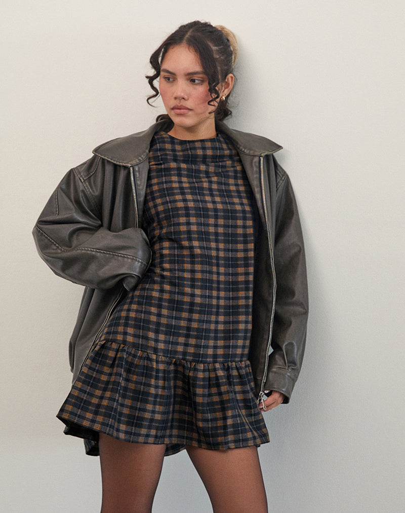 Afbeelding van Asterin Mini Smock Jurk in Navy Mosterd Ruit