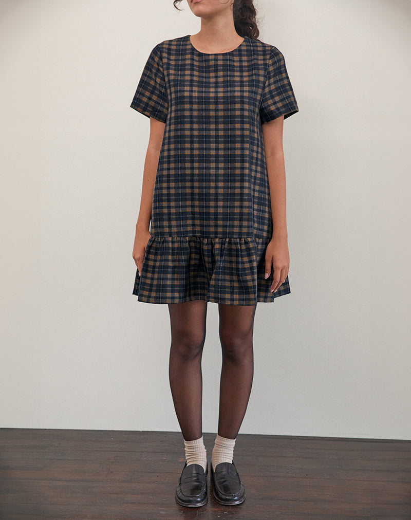 Asterin Mini Smock Jurk in Navy Mosterd Ruit