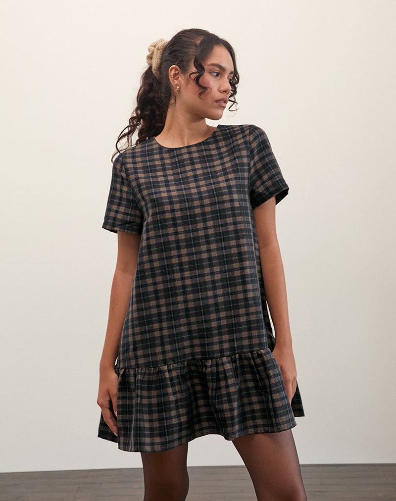 Afbeelding van Asterin Mini Smock Jurk in Navy Mosterd Ruit