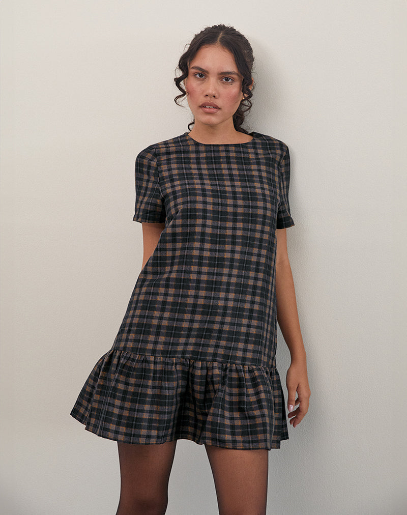 Afbeelding van Asterin Mini Smock Jurk in Navy Mosterd Ruit