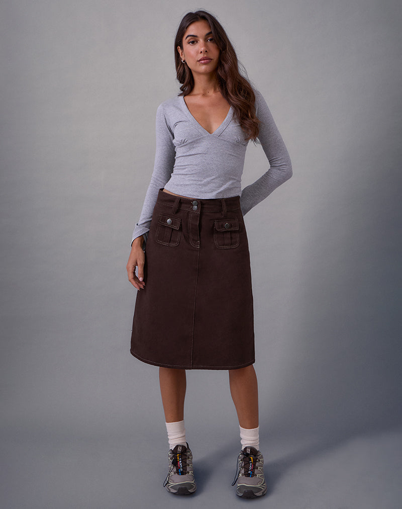 Astor Midi-rok in bruin met contrastnaad
