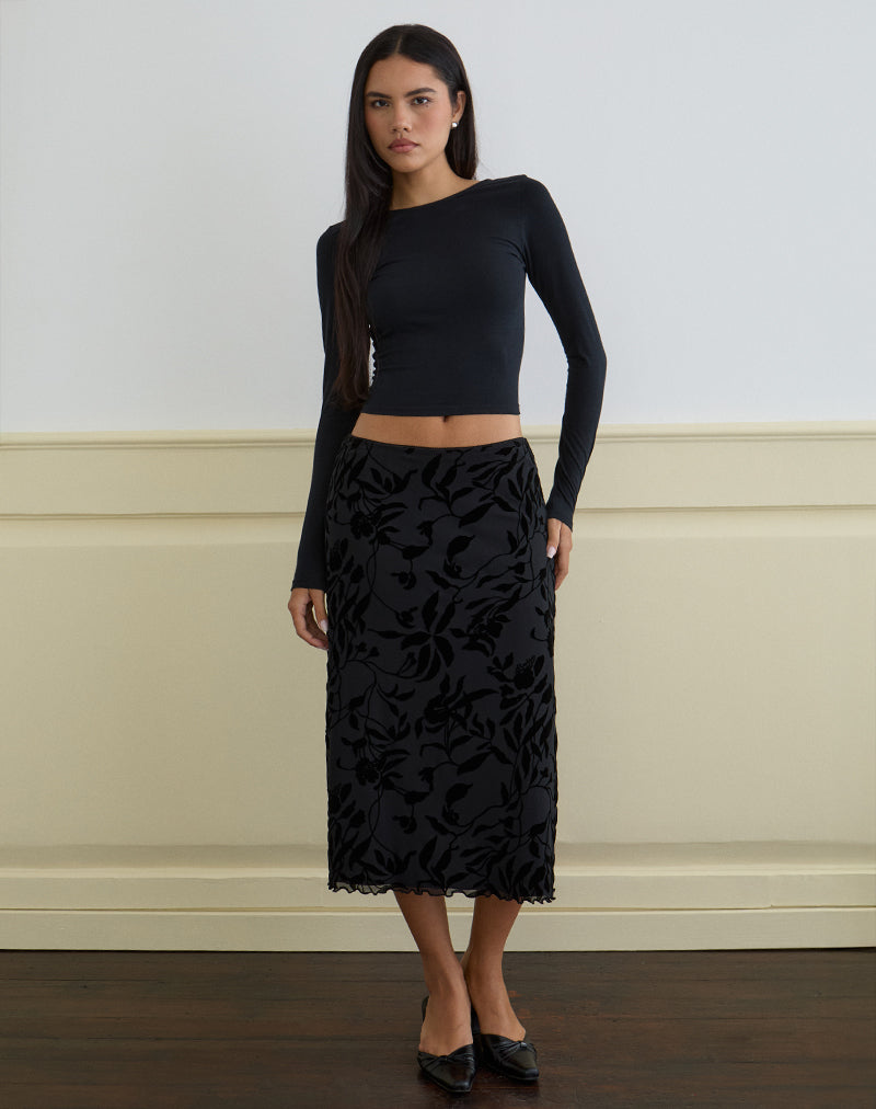 Afbeelding van Atira Midi rok in Flock Leaf Flower Zwart
