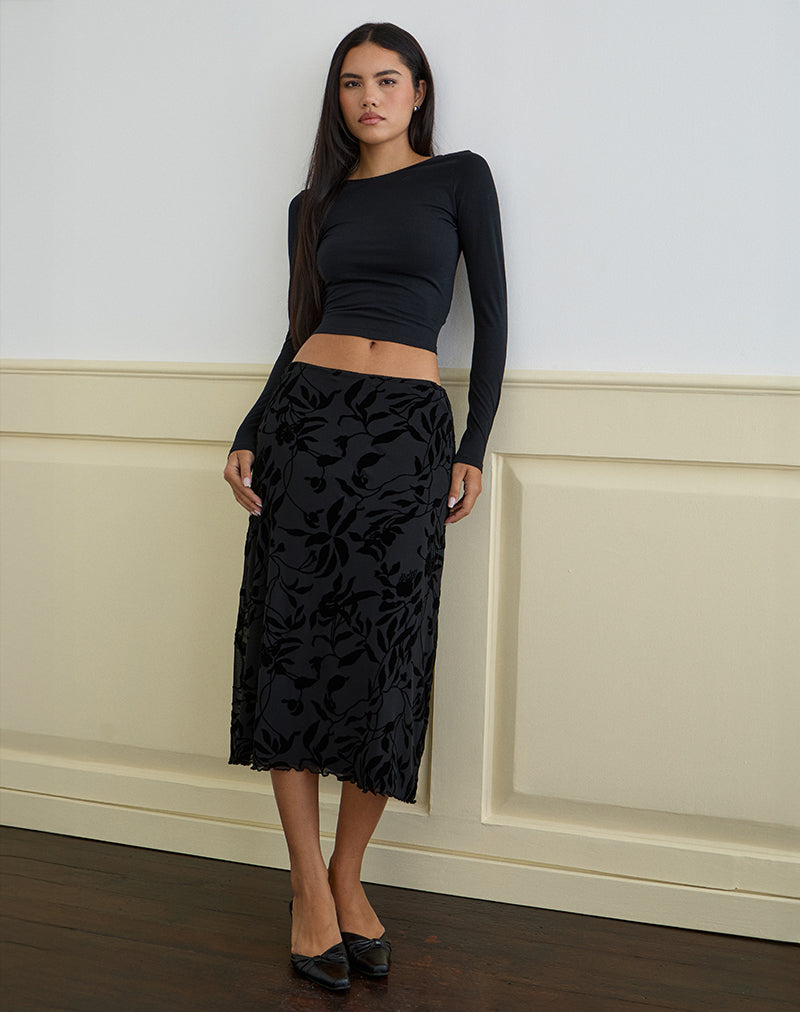 Atira Midi rok in Flock Leaf Flower Zwart