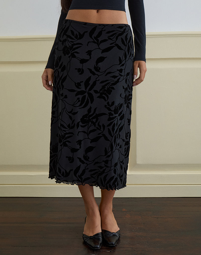 Atira Midi rok in Flock Leaf Flower Zwart