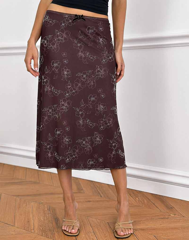 Afbeelding van Atira Midi rok in Doodle Flower Flock Bruin